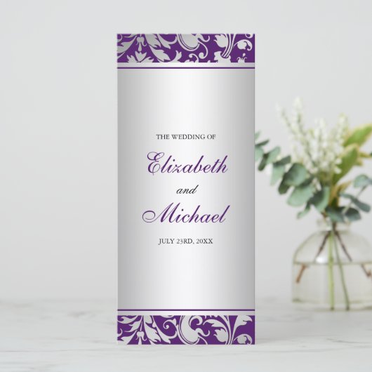 Hochzeitsprogramm für lila und silberne Damaskus-W Programm (Stehend Vorderseite)