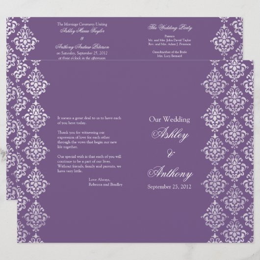 Hochzeitsprogramm für lila und weiße Damaskus (Vorne/Hinten)