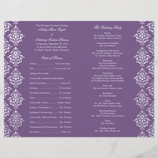 Hochzeitsprogramm für lila und weiße Damaskus (Rückseite)
