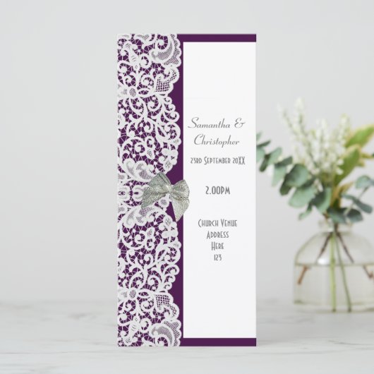 Hochzeitsprogramm für lila und weiße Spitzen Programm (Stehend Vorderseite)