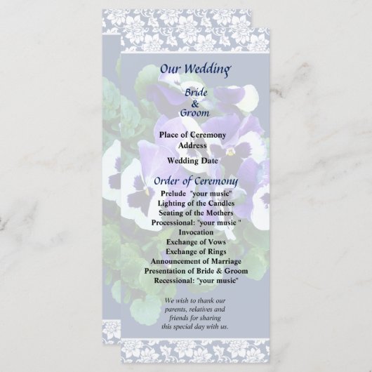 Hochzeitsprogramm für Lila und weiße Stiefmütterch Programm (Vorne/Hinten)