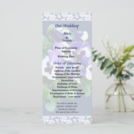 Hochzeitsprogramm für Lila und weiße Stiefmütterch Programm (Stehend Vorderseite)