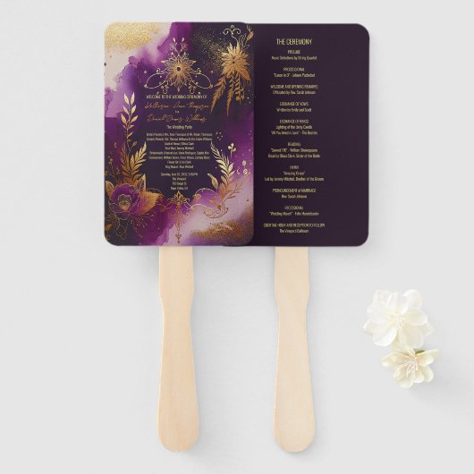 Hochzeitsprogramm für Lila Wasserfarben und Goldfl Fächer (Vorne und Hinten)