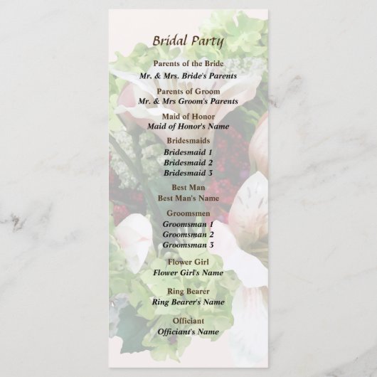 Hochzeitsprogramm für Lilies, Hydrangea und Berrie Programm (Rückseite)