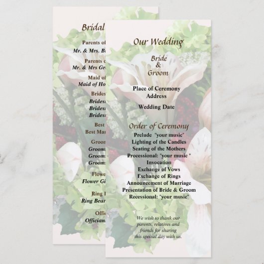 Hochzeitsprogramm für Lilies, Hydrangea und Berrie Programm (Vorne/Hinten)