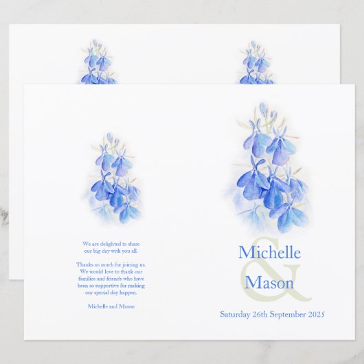 Hochzeitsprogramm für Lobelia-Blau-Aquarellen (Vorne/Hinten)
