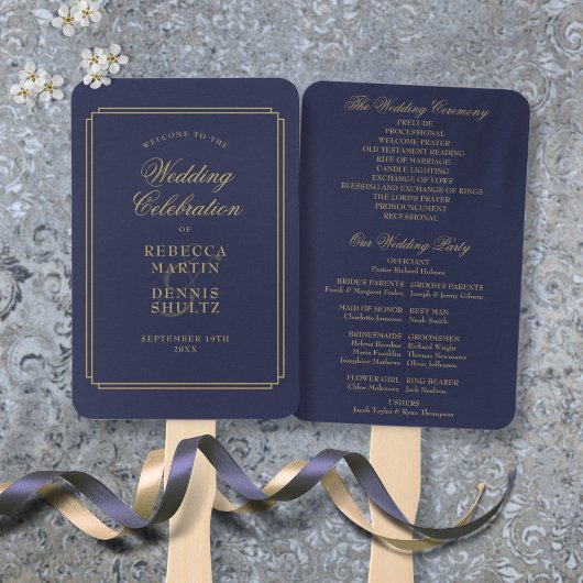 Hochzeitsprogramm für Marineblau und Gold-Chic Art Fächer