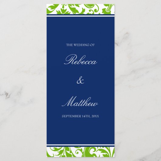 Hochzeitsprogramm für Marineblau und grüne Wirbel Programm (Vorderseite)