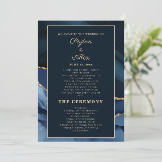 Hochzeitsprogramm für Marmorhochzeiten in Navy-Blu Programm (Stehend Vorderseite)