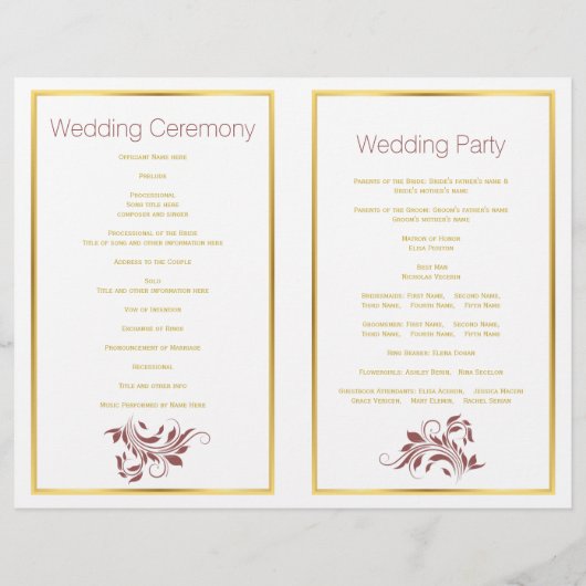 Hochzeitsprogramm für Marsala und Blätter (Rückseite)