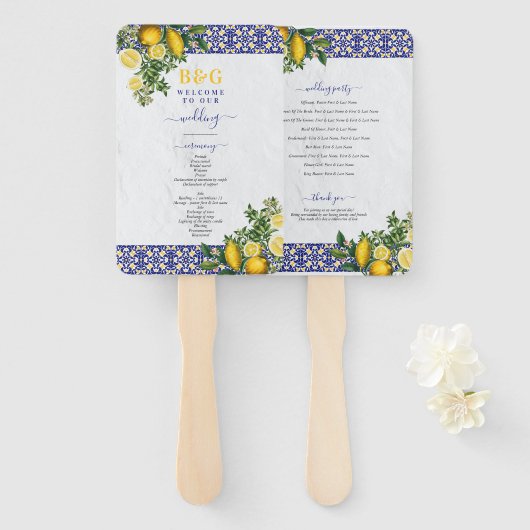 Hochzeitsprogramm für mediterrane Tile Lemon Fächer (Vorne und Hinten)