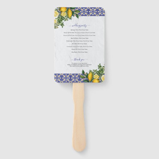Hochzeitsprogramm für mediterrane Tile Lemon Fächer (Rückseite)