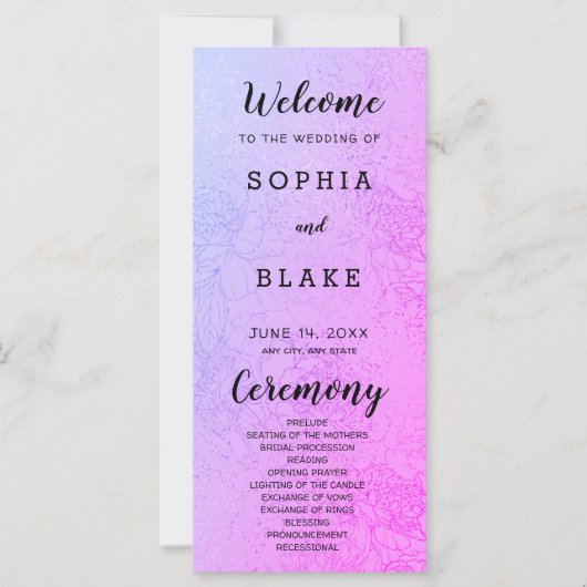 Hochzeitsprogramm für Metallic Lila und Blumen (Vorderseite)