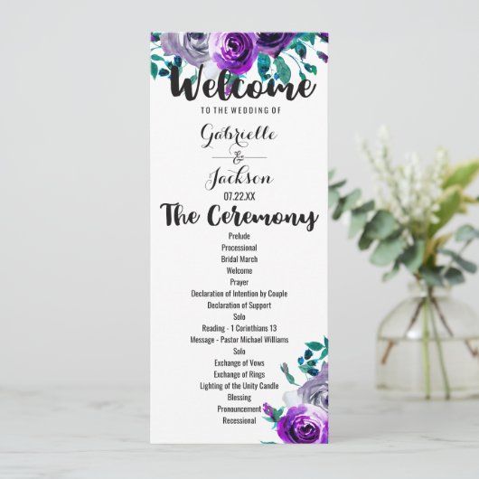 Hochzeitsprogramm für Minze und Lila Wasserfarben Programm (Stehend Vorderseite)