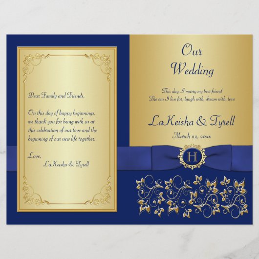 Hochzeitsprogramm für mit Monogramm Blau, Gold (Vorderseite)