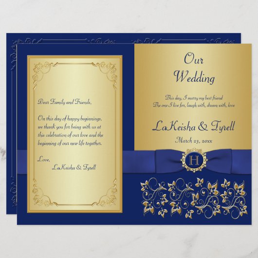 Hochzeitsprogramm für mit Monogramm Blau, Gold (Vorne/Hinten)