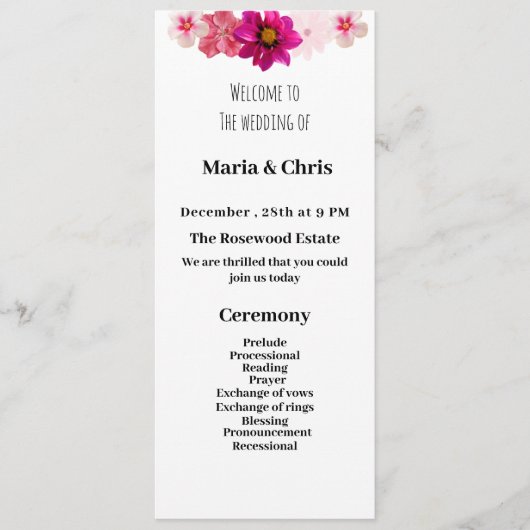 Hochzeitsprogramm für moderne Gartenromantik Programm (Vorderseite)