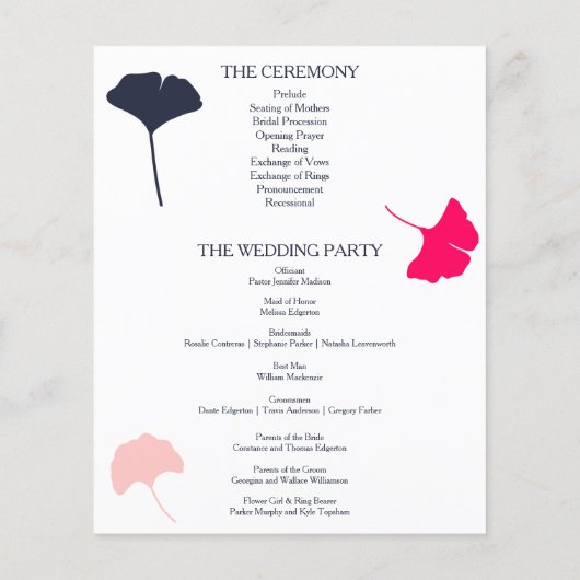 Hochzeitsprogramm für moderne Marine- und Rosa-Gin (Rückseite)