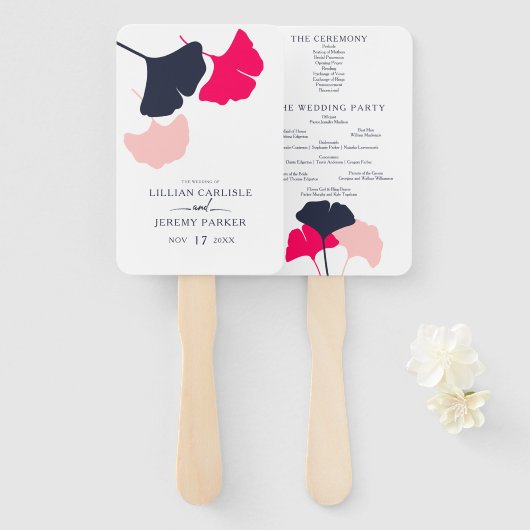 Hochzeitsprogramm für moderne Marine- und Rosa-Gin Fächer (Vorne und Hinten)