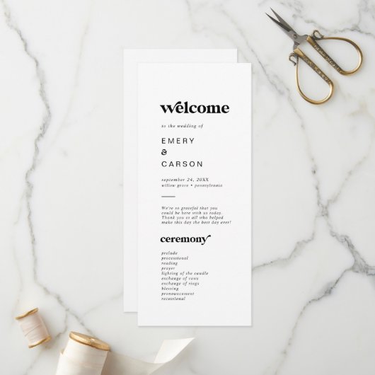 Hochzeitsprogramm für moderne Schwarze Typografie Programm (Vorderseite/Rückseite Beispiel)