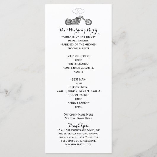 Hochzeitsprogramm für Motorrad- und Silberherzen Programm (Rückseite)
