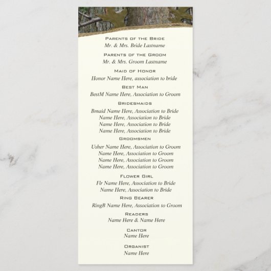 Hochzeitsprogramm für natürliche Bäume und Verlass Programm (Rückseite)