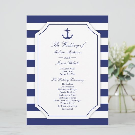 Hochzeitsprogramm für Nautic Anchor Navy Blue Stri Programm (Stehend Vorderseite)