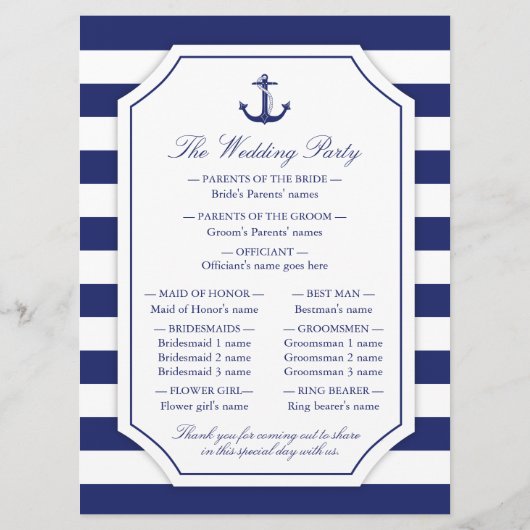 Hochzeitsprogramm für Nautic Anchor Navy Blue Stri Programm (Rückseite)