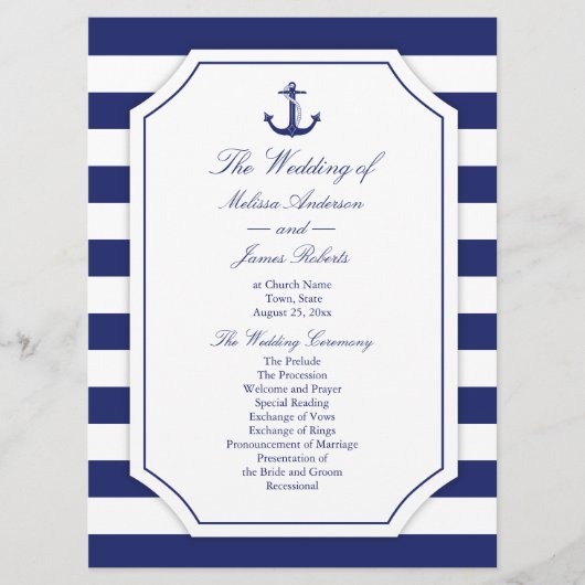 Hochzeitsprogramm für Nautic Anchor Navy Blue Stri Programm (Vorderseite)