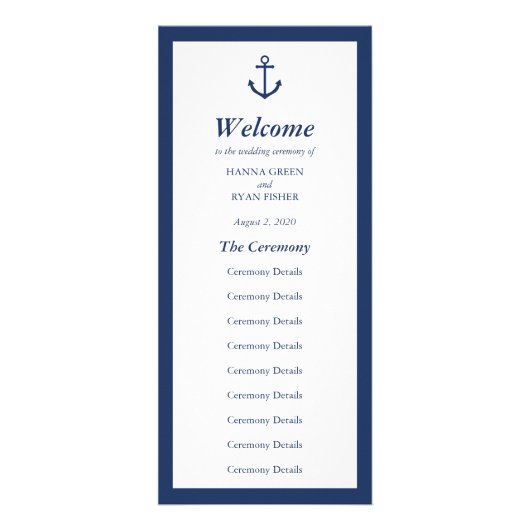 Hochzeitsprogramm für Nautic Navy Blue Anchor Werbekarte (Vorne)