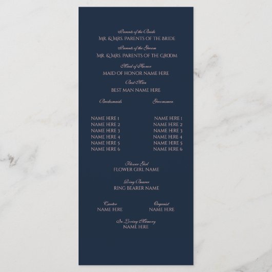 Hochzeitsprogramm für Nautical Blush und Navy Blue Programm (Rückseite)