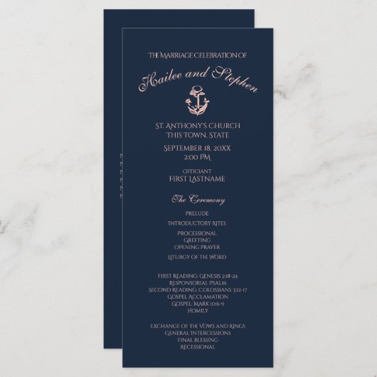 Hochzeitsprogramm für Nautical Blush und Navy Blue Programm (Vorne/Hinten)