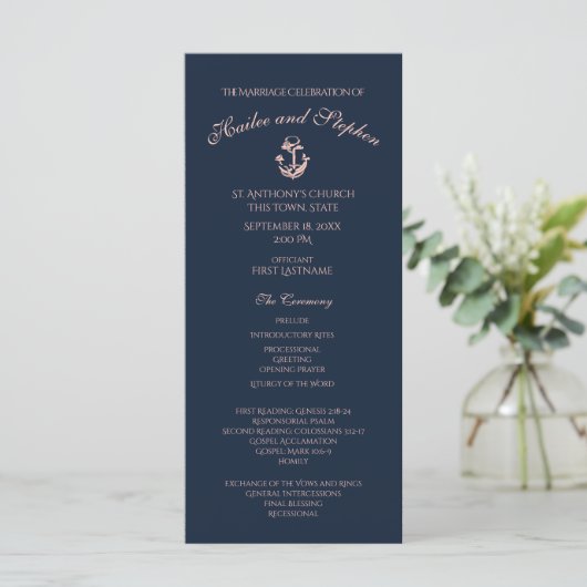 Hochzeitsprogramm für Nautical Blush und Navy Blue Programm (Stehend Vorderseite)