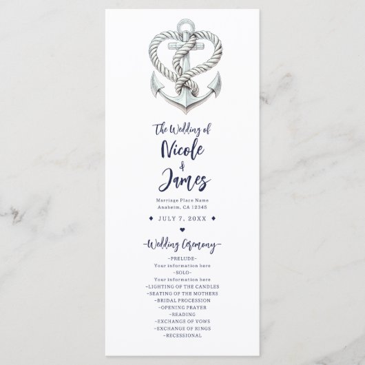Hochzeitsprogramm für Nautical Heart Rope Anchor C Programm (Vorderseite)