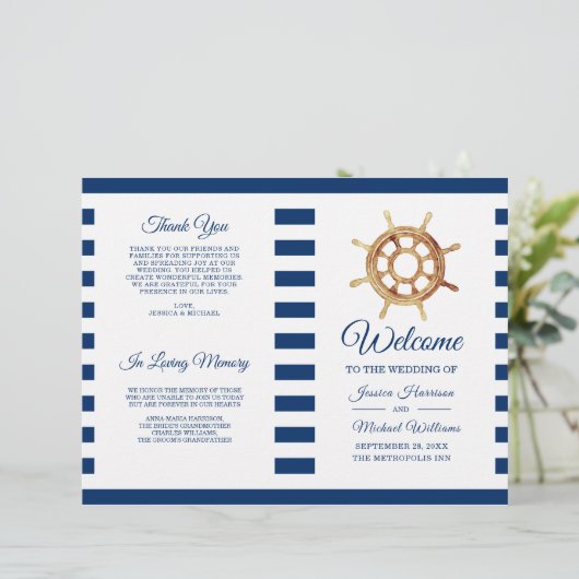 Hochzeitsprogramm für Nautical Stripes (Stehend Vorderseite)