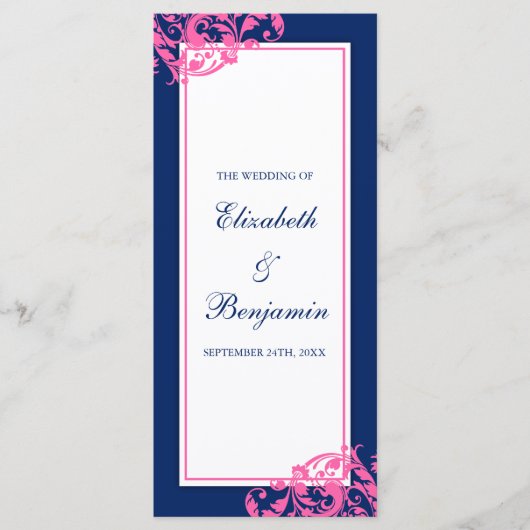 Hochzeitsprogramm für Navy Blue and Pink Blühend W Programm (Vorderseite)