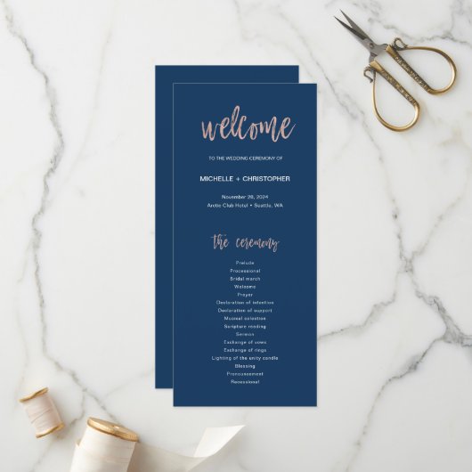 Hochzeitsprogramm für Navy Blue and Rose Gold Glam Programm (Vorderseite/Rückseite Beispiel)