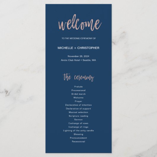 Hochzeitsprogramm für Navy Blue and Rose Gold Glam Programm (Vorderseite)