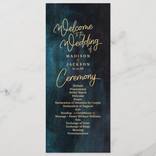Hochzeitsprogramm für Navy Blue & Aquamarin Waterc Programm (Vorderseite)