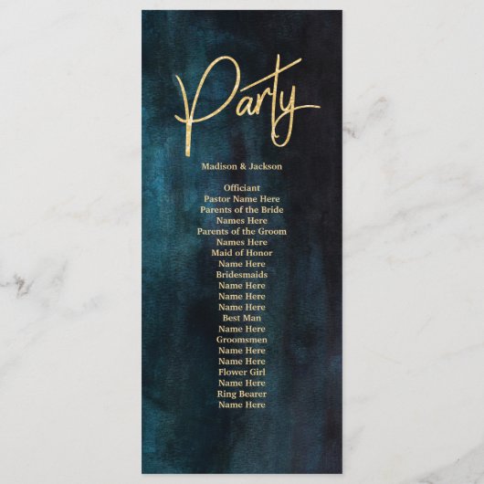 Hochzeitsprogramm für Navy Blue & Aquamarin Waterc Programm (Rückseite)