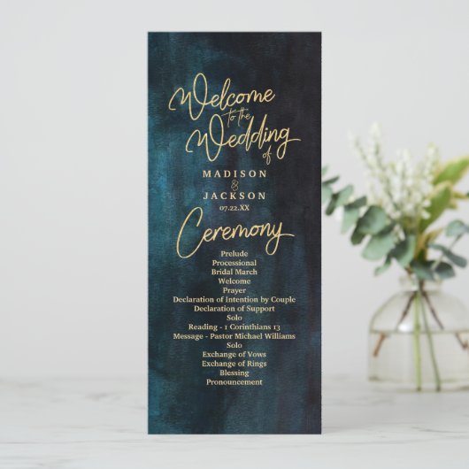 Hochzeitsprogramm für Navy Blue & Aquamarin Waterc Programm (Stehend Vorderseite)