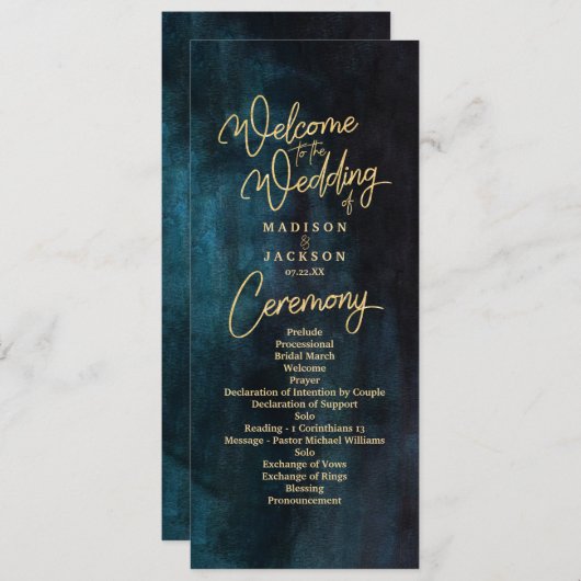 Hochzeitsprogramm für Navy Blue & Aquamarin Waterc Programm (Vorne/Hinten)