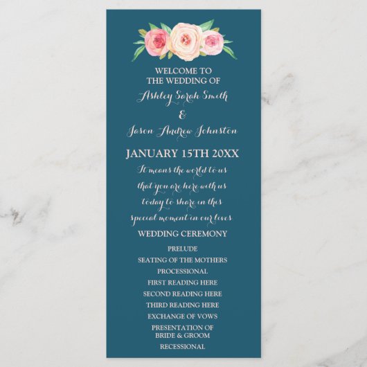 Hochzeitsprogramm für Navy Blue Blush Pink Floral Programm (Vorderseite)