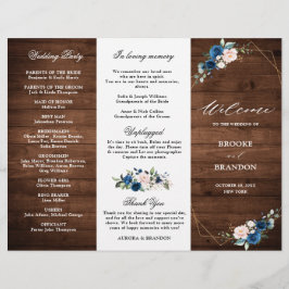 Hochzeitsprogramm für navy Blue Blush Rustic Wood 