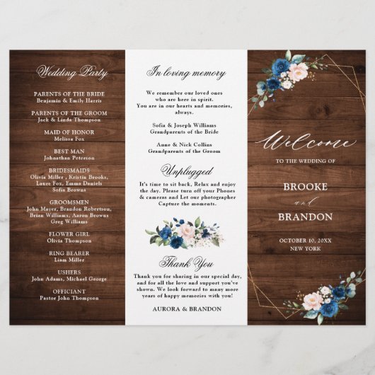 Hochzeitsprogramm für navy Blue Blush Rustic Wood (Vorderseite)