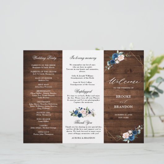 Hochzeitsprogramm für navy Blue Blush Rustic Wood (Stehend Vorderseite)