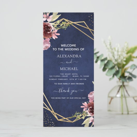 Hochzeitsprogramm für Navy Blue Burgundy (Stehend Vorderseite)