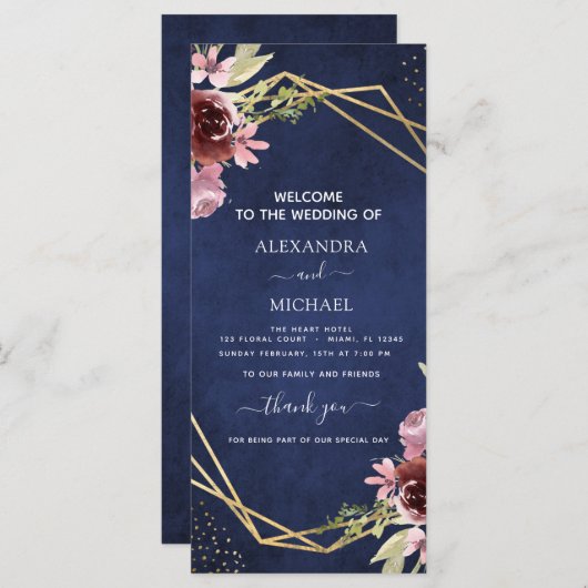 Hochzeitsprogramm für Navy Blue Burgundy (Vorne/Hinten)