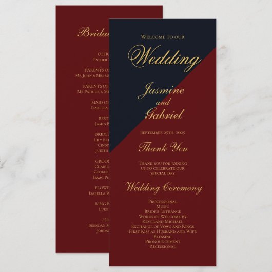 Hochzeitsprogramm für Navy Blue Burgundy Programm (Vorne/Hinten)
