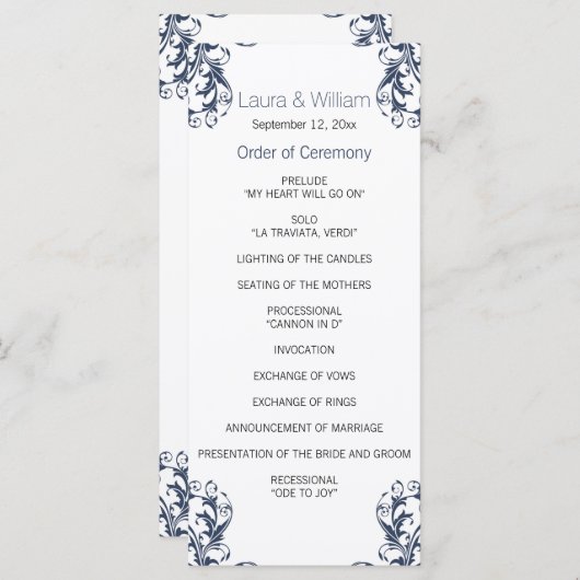 Hochzeitsprogramm für Navy Blue Damask Programm (Vorne/Hinten)